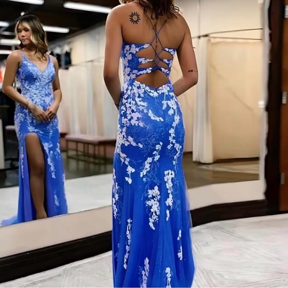 Sherri Hill Blue Spaghetti Strap Prom Gown
